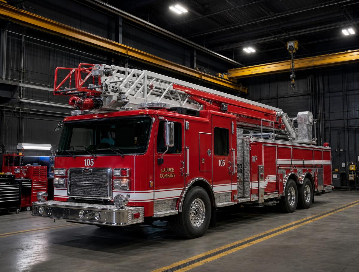 Aerial ladder truck in the Fleet Services maintenance shop