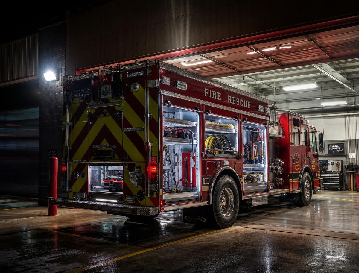 Fire rescue pumper in the Fleet Services service bay at night