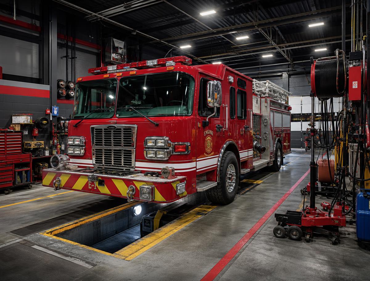 Fire engine apparatus in the Fleet Services repair bay