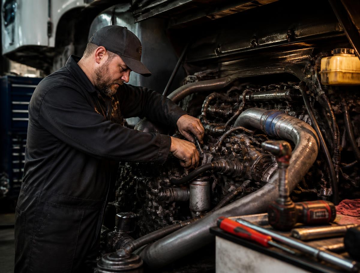 Diesel technician servicing a heavy duty truck at Fleet Services Anaheim